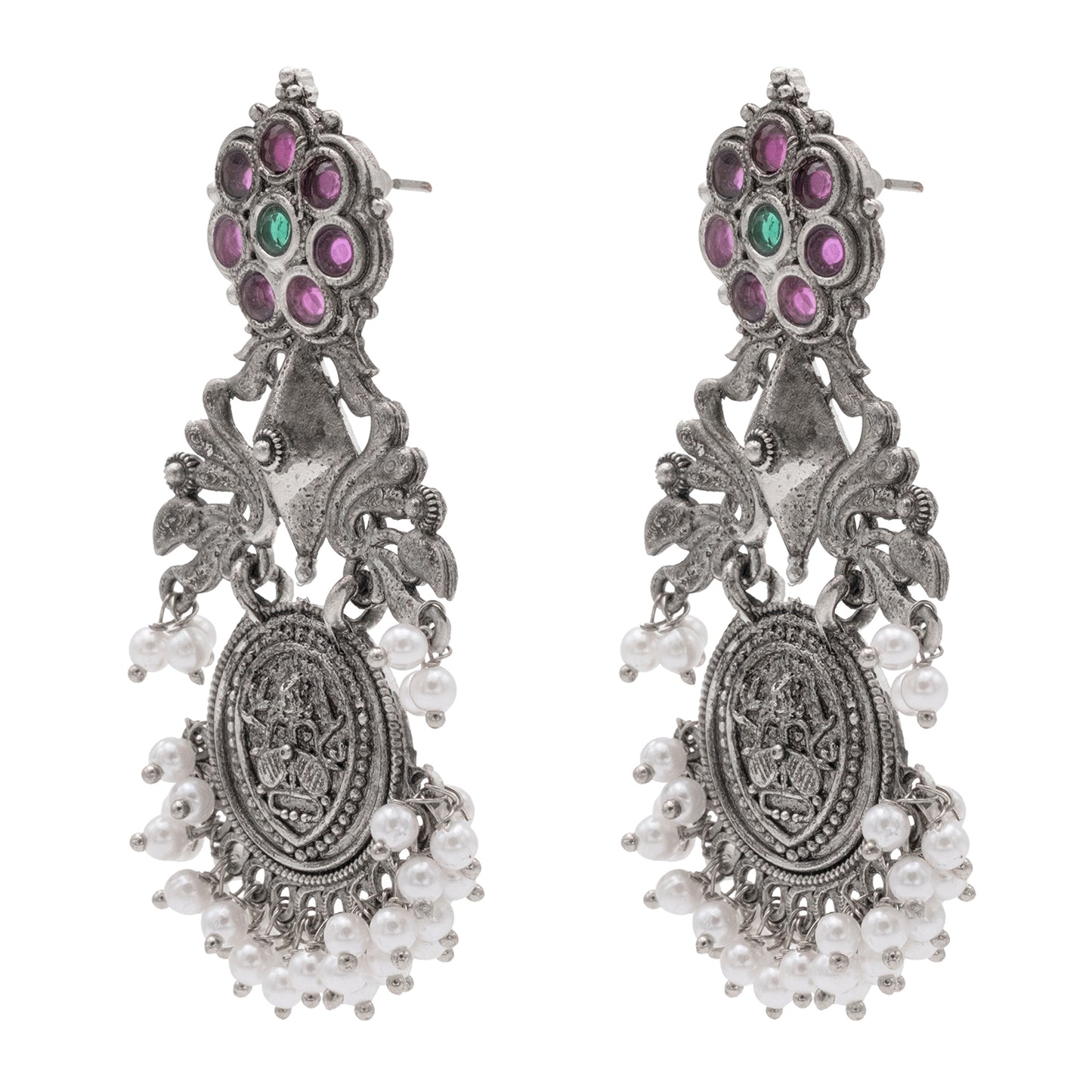 Traditional Indian Matte Silver Oxidised CZ Crystal Studded Drop Earring For Women-Silver White (SJE_194_S_W)