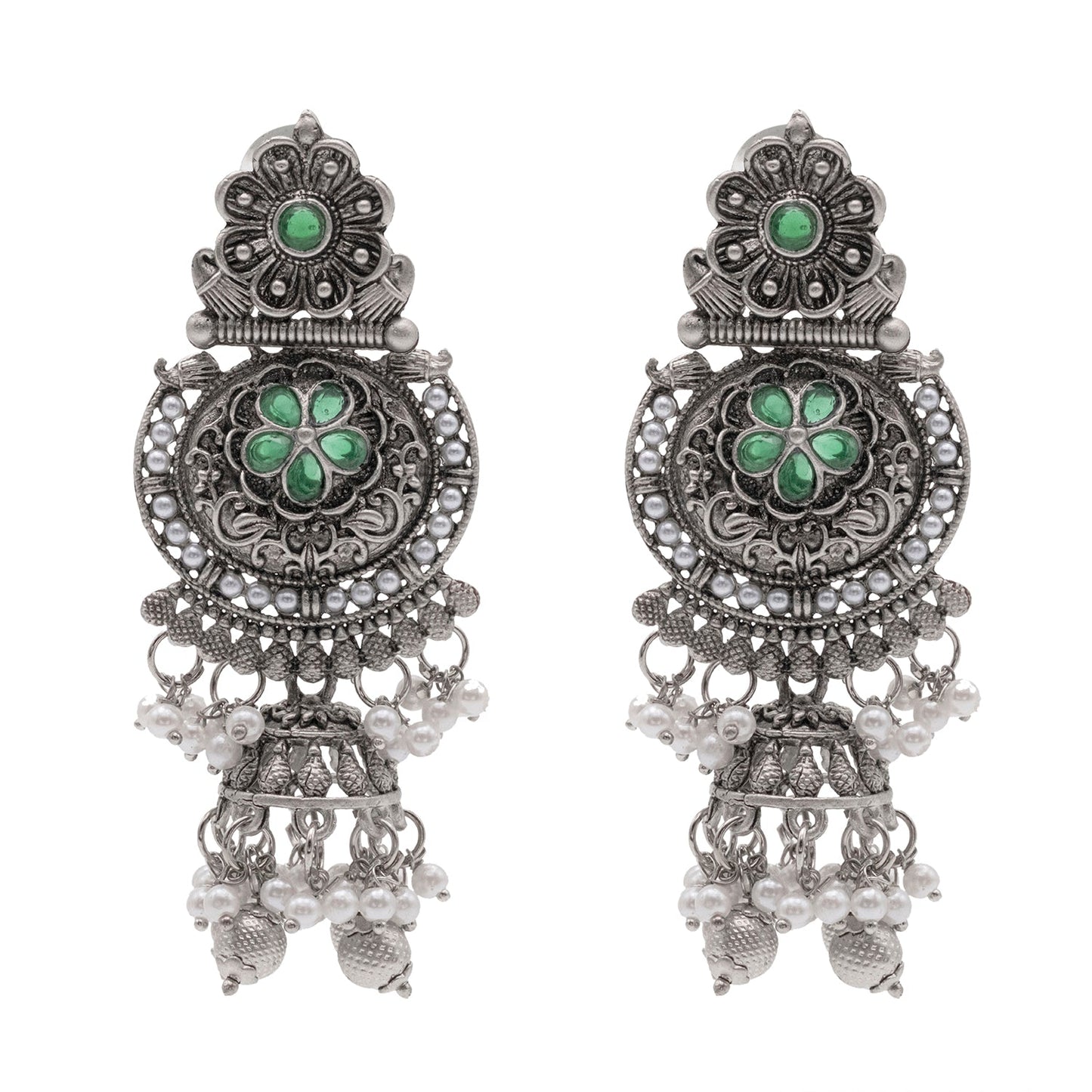 Traditional Indian Silver Oxidised CZ, Crystal Studded Jhumka Chand Bali Earring For Women - Silver Green (SJE_195_S_G)