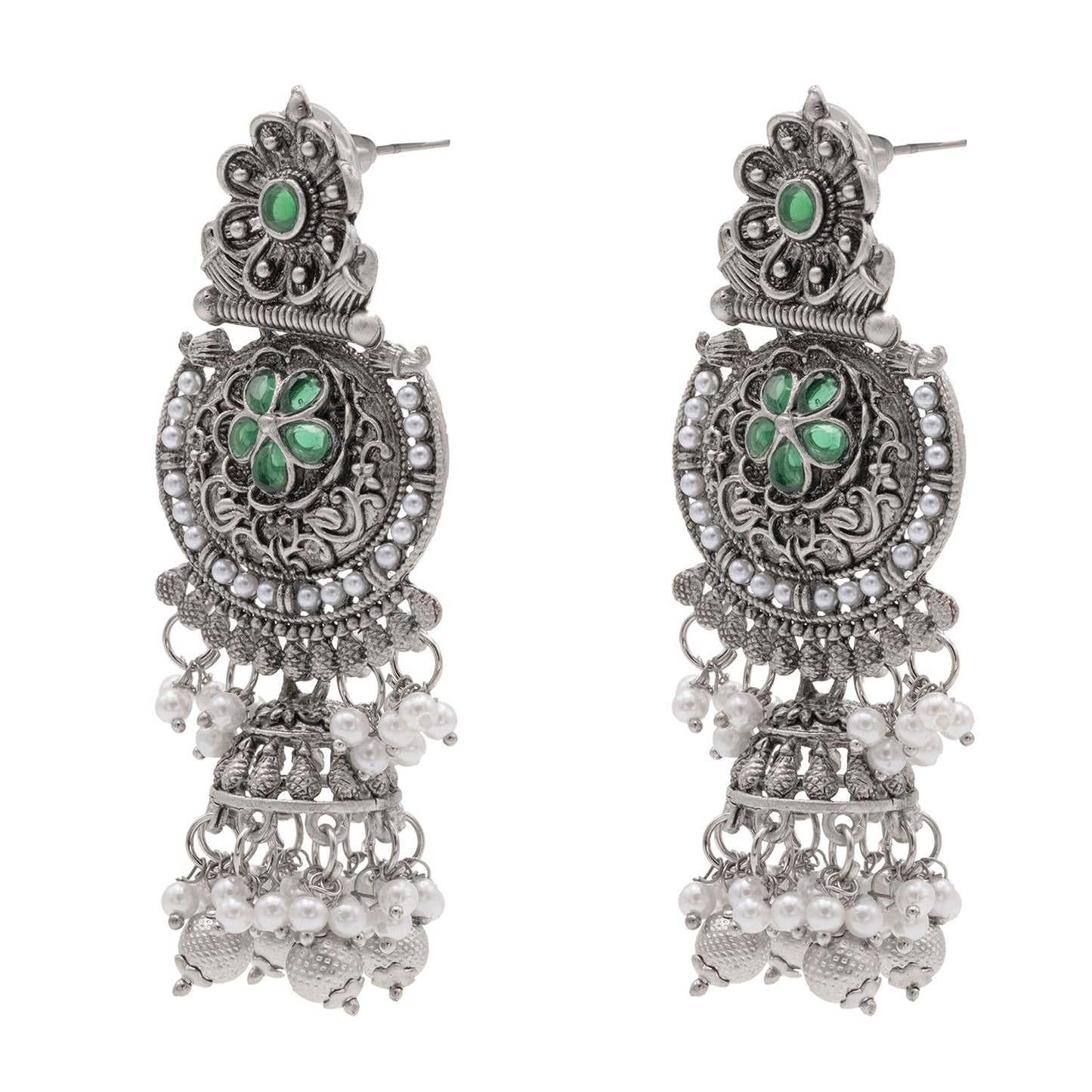 Traditional Indian Silver Oxidised CZ, Crystal Studded Jhumka Chand Bali Earring For Women - Silver Green (SJE_195_S_G)