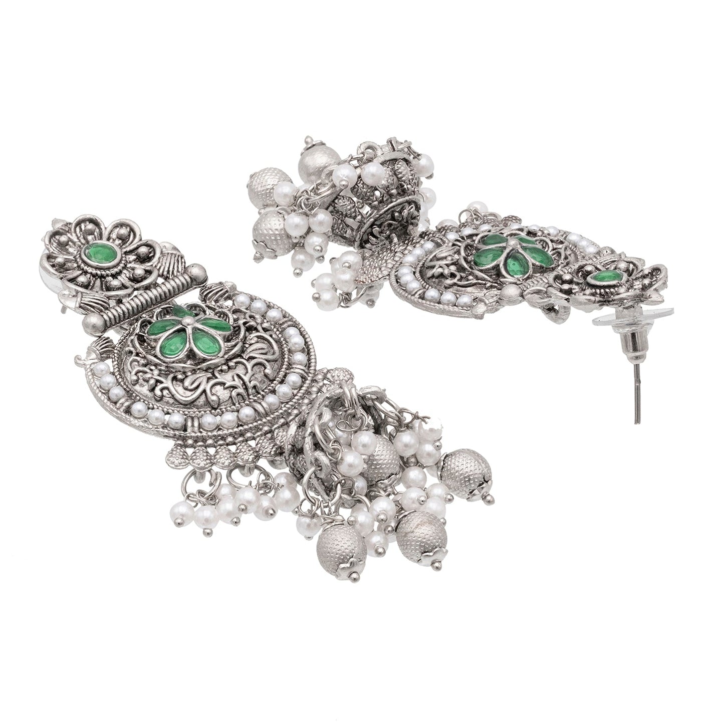 Traditional Indian Silver Oxidised CZ, Crystal Studded Jhumka Chand Bali Earring For Women - Silver Green (SJE_195_S_G)