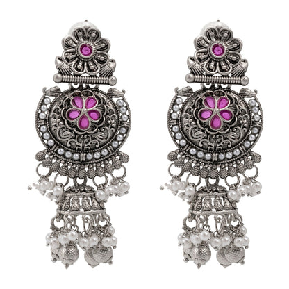 Traditional Indian Silver Oxidised CZ, Crystal Studded Jhumka Chand Bali Earring For Women - Silver Maroon (SJE_195_S_M)