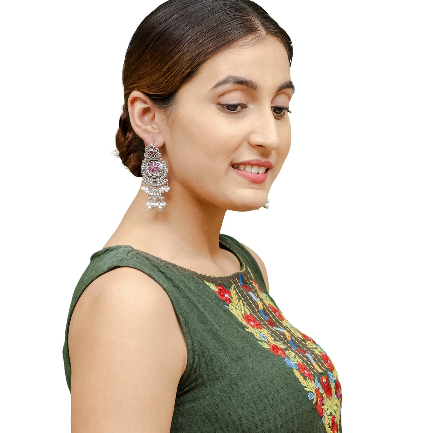 Traditional Indian Silver Oxidised CZ, Crystal Studded Jhumka Chand Bali Earring For Women - Silver Maroon (SJE_195_S_M)