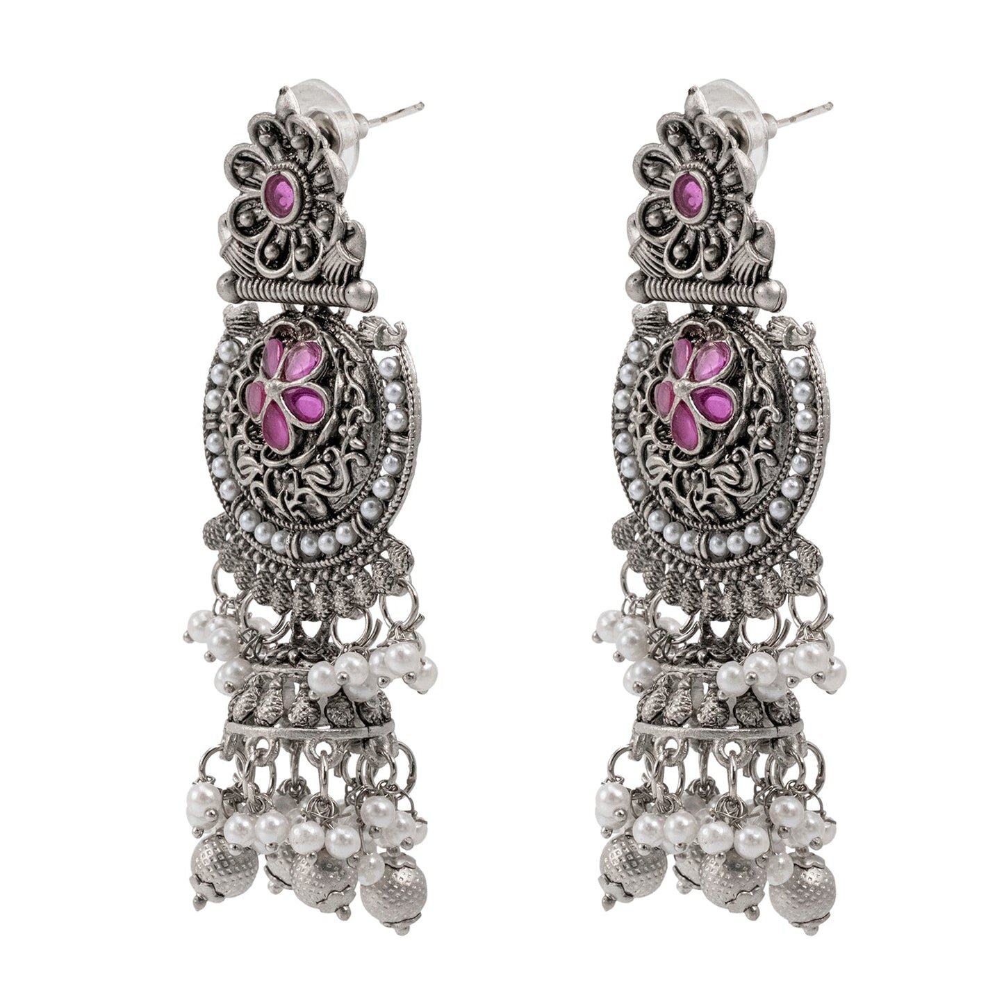 Traditional Indian Silver Oxidised CZ, Crystal Studded Jhumka Chand Bali Earring For Women - Silver Maroon (SJE_195_S_M)