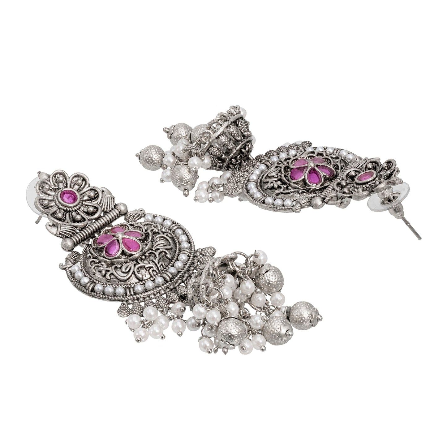 Traditional Indian Silver Oxidised CZ, Crystal Studded Jhumka Chand Bali Earring For Women - Silver Maroon (SJE_195_S_M)