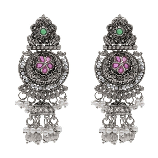Traditional Indian Silver Oxidised CZ, Crystal Studded Jhumka Chand Bali Earring For Women - Silver Ruby Green (SJE_195_S_R_G)