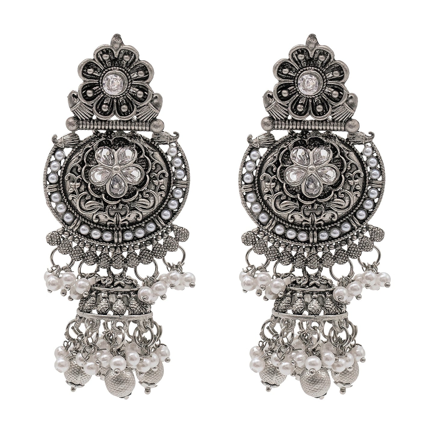 Traditional Indian Silver Oxidised CZ, Crystal Studded Jhumka Chand Bali Earring For Women - Silver White (SJE_195_S_W)