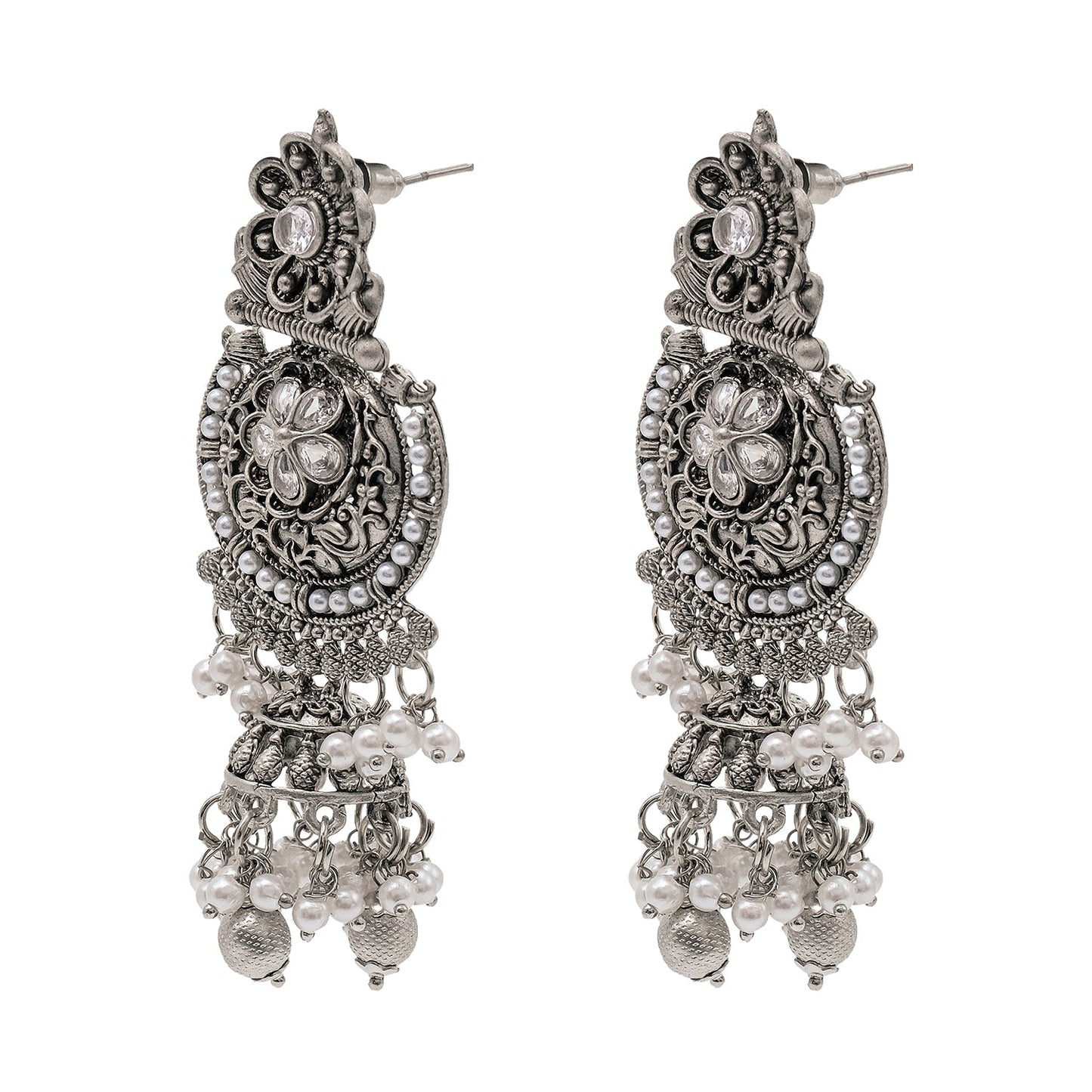 Traditional Indian Silver Oxidised CZ, Crystal Studded Jhumka Chand Bali Earring For Women - Silver White (SJE_195_S_W)