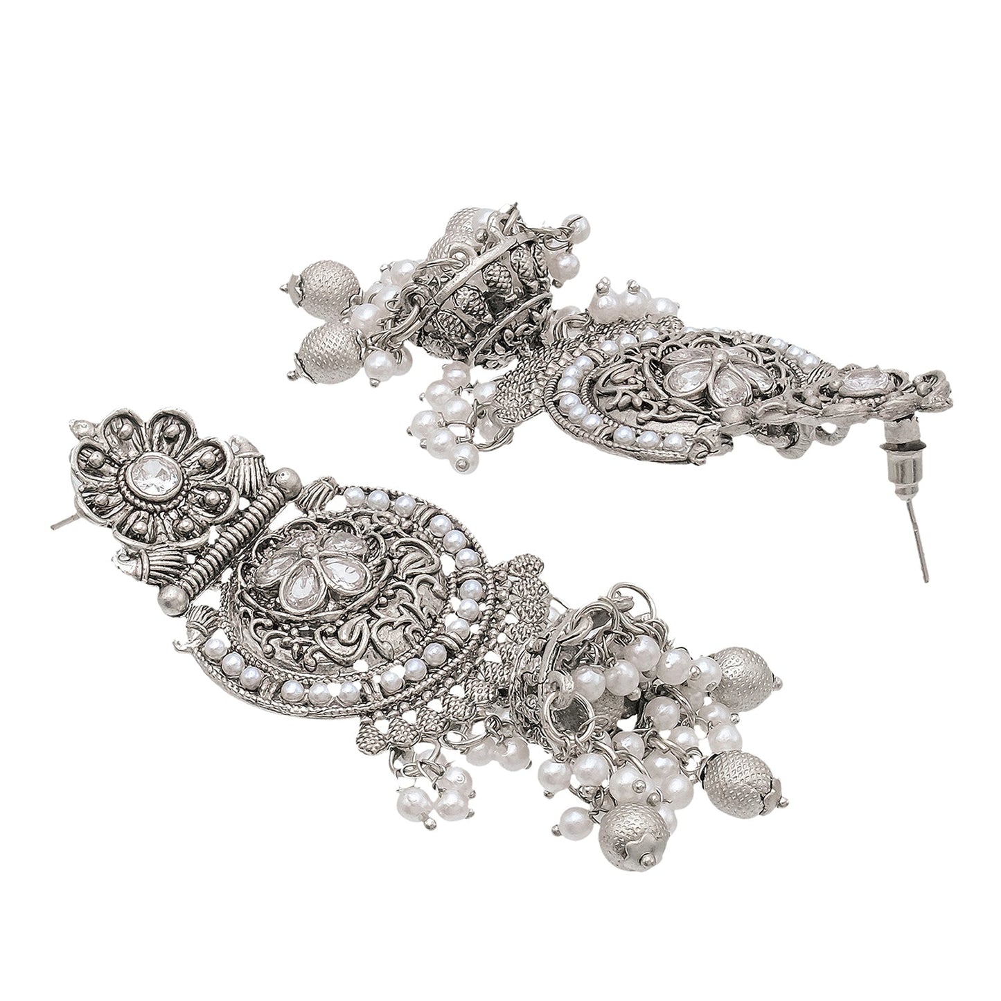 Traditional Indian Silver Oxidised CZ, Crystal Studded Jhumka Chand Bali Earring For Women - Silver White (SJE_195_S_W)