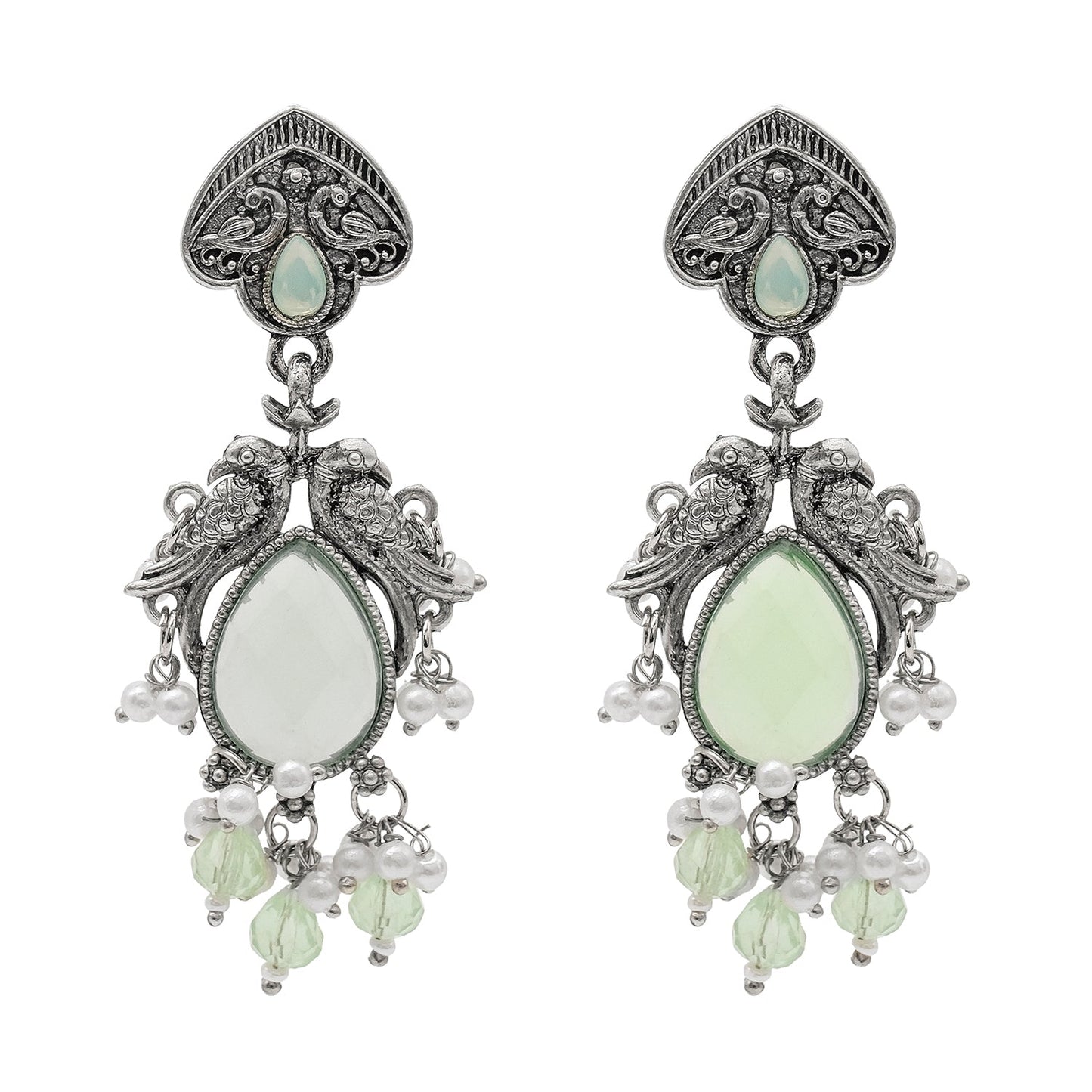 Traditional Indian Matte Silver Oxidised CZ, Crystal Studded Light Green Mint Peacock Earring For Women-Silver Light Green (SJE_196_S_LG)