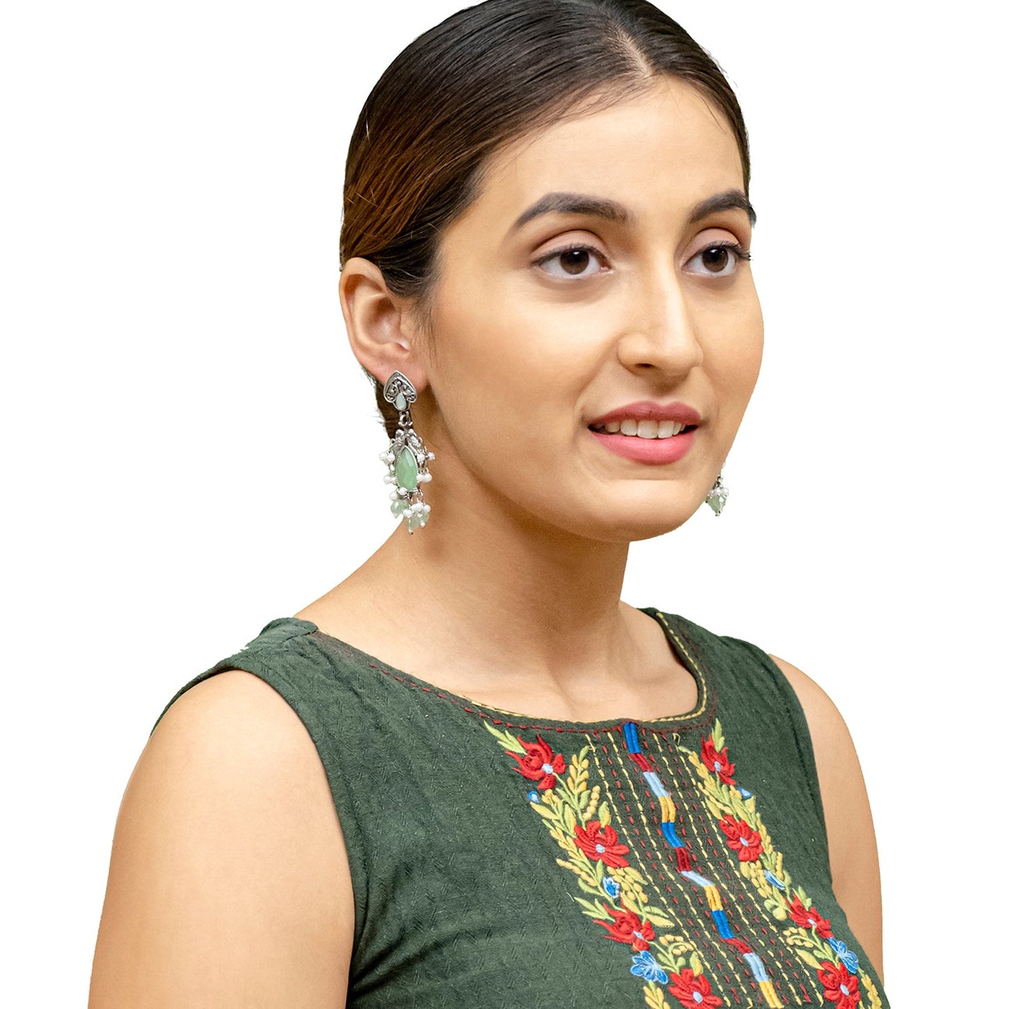 Traditional Indian Matte Silver Oxidised CZ, Crystal Studded Light Green Mint Peacock Earring For Women-Silver Light Green (SJE_196_S_LG)