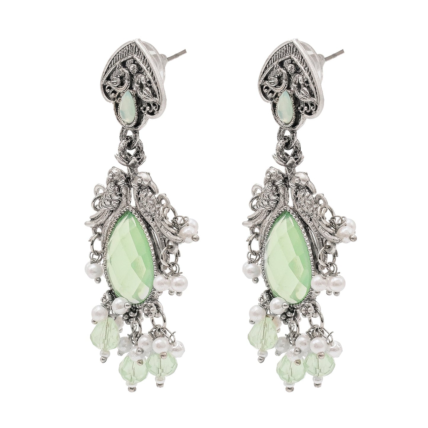 Traditional Indian Matte Silver Oxidised CZ, Crystal Studded Light Green Mint Peacock Earring For Women-Silver Light Green (SJE_196_S_LG)