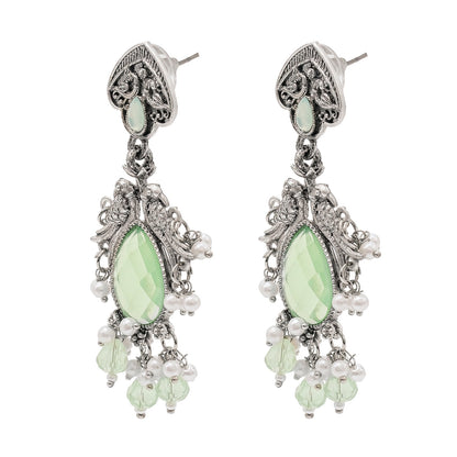 Traditional Indian Matte Silver Oxidised CZ, Crystal Studded Light Green Mint Peacock Earring For Women-Silver Light Green (SJE_196_S_LG)