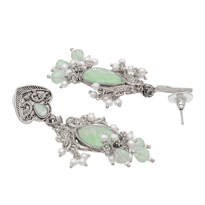 Traditional Indian Matte Silver Oxidised CZ, Crystal Studded Light Green Mint Peacock Earring For Women-Silver Light Green (SJE_196_S_LG)