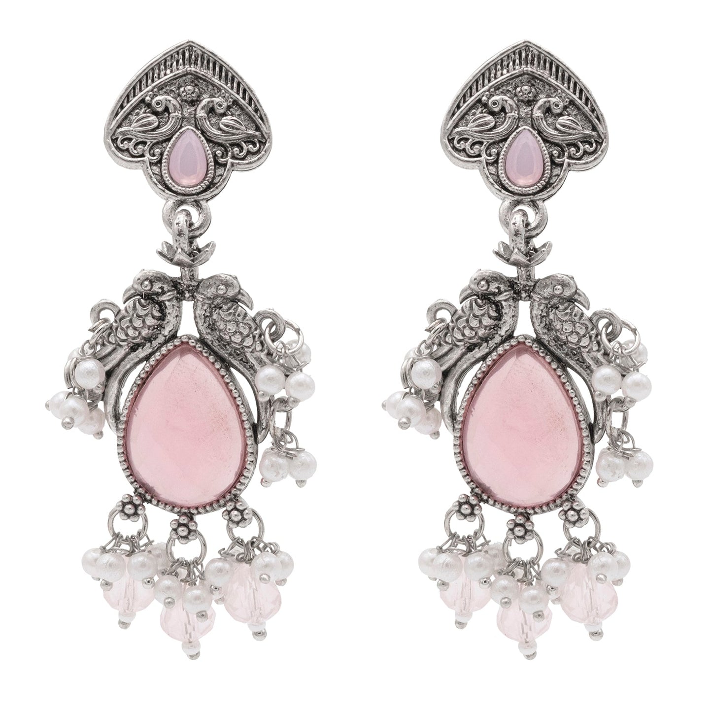 Traditional Indian Matte Silver Oxidised CZ, Crystal Studded Light Pink Mint Peacock Earring For Women-Silver Light Pink (SJE_196_S_LP)