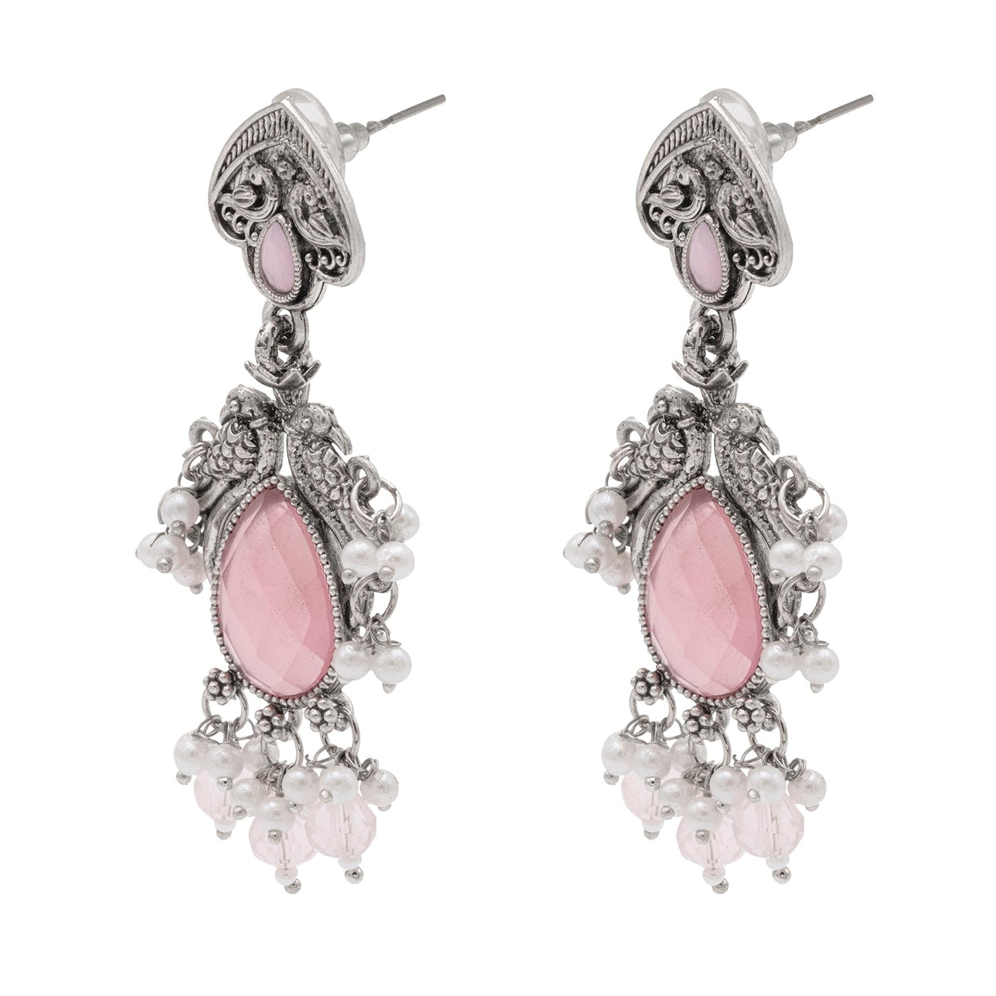 Traditional Indian Matte Silver Oxidised CZ, Crystal Studded Light Pink Mint Peacock Earring For Women-Silver Light Pink (SJE_196_S_LP)