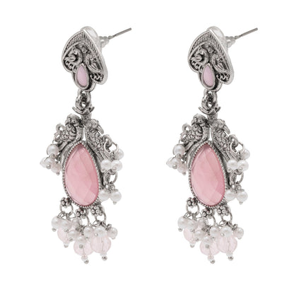 Traditional Indian Matte Silver Oxidised CZ, Crystal Studded Light Pink Mint Peacock Earring For Women-Silver Light Pink (SJE_196_S_LP)