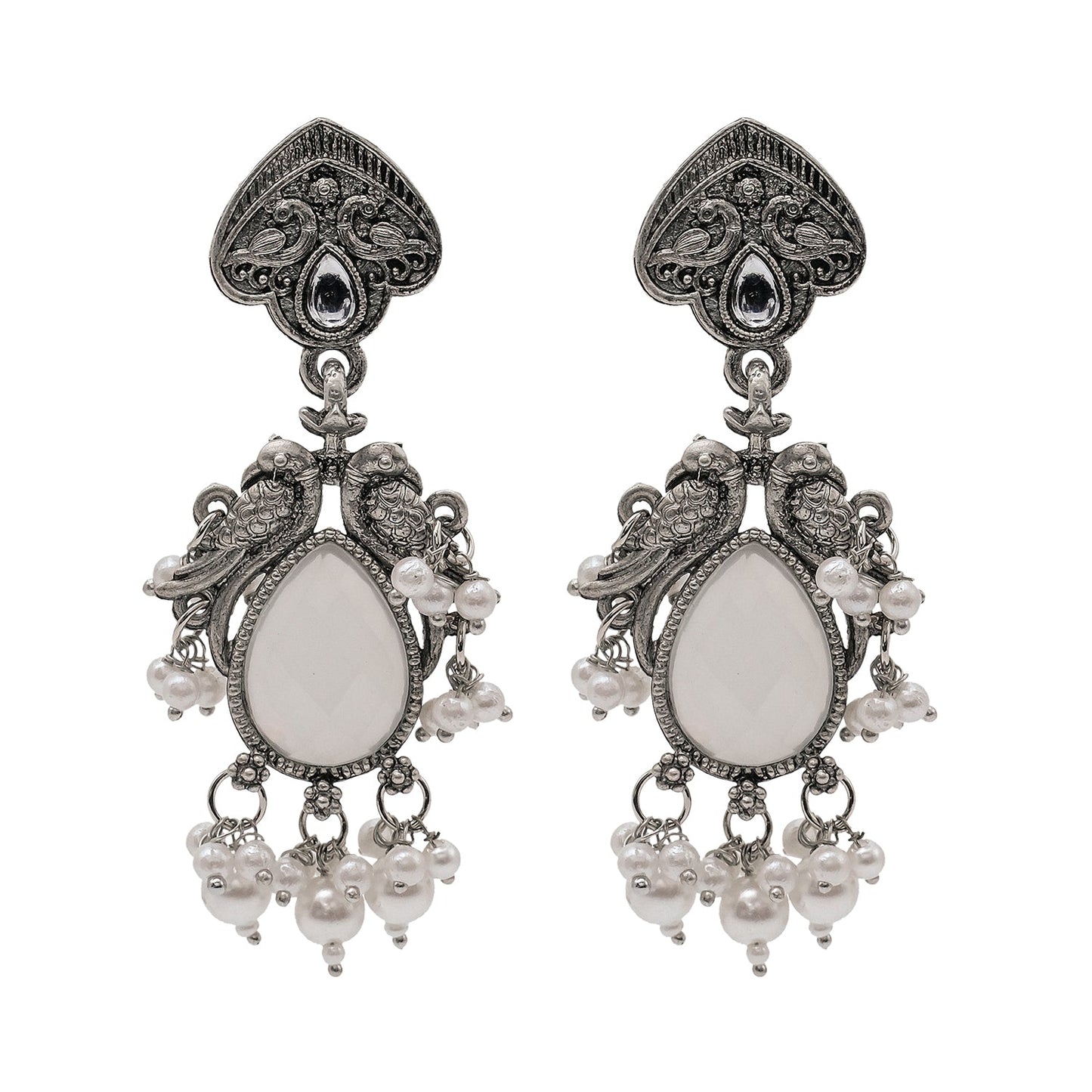 Traditional Indian Matte Silver Oxidised CZ, Crystal Studded White Mint Peacock Earring For Women-Silver White (SJE_196_S_W)