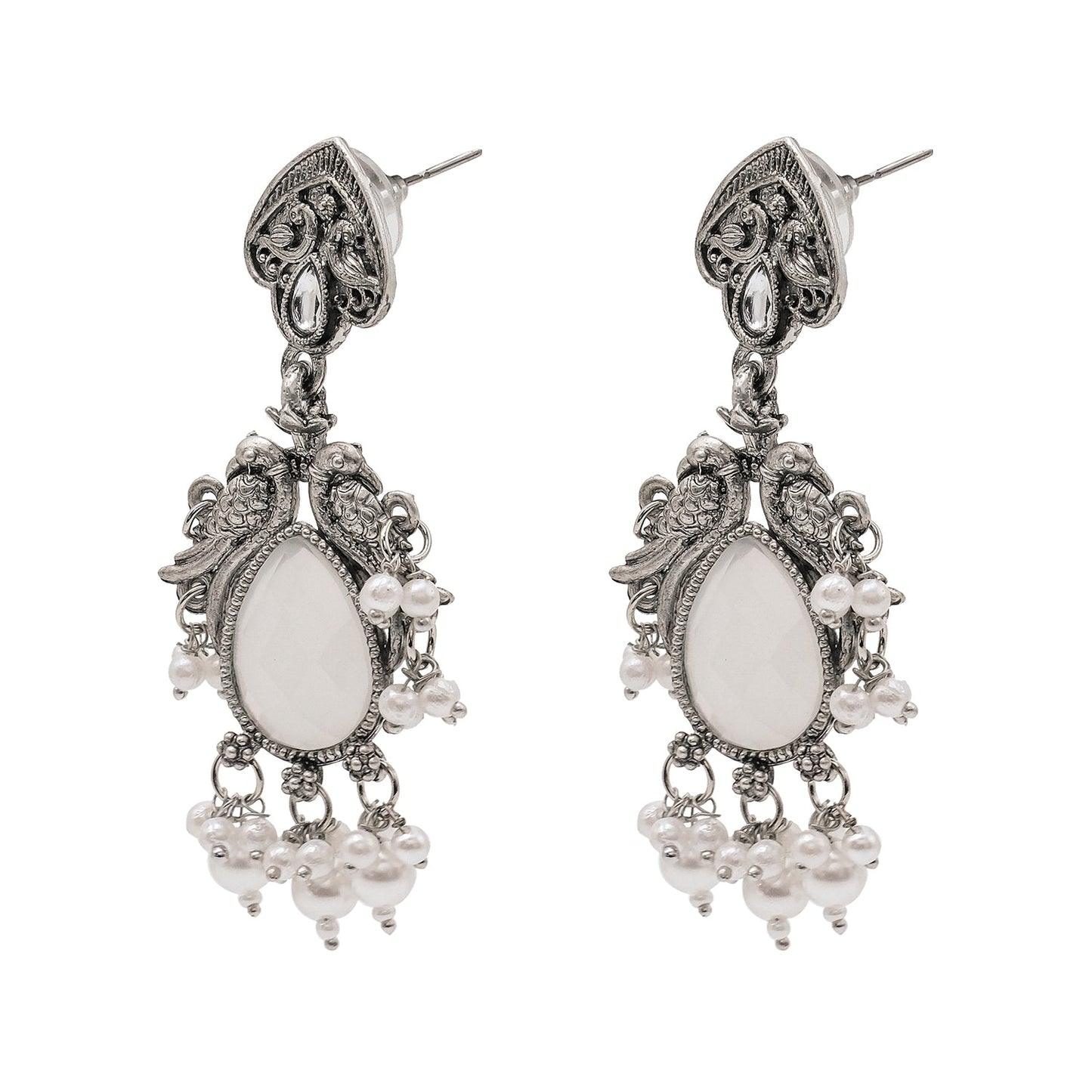 Traditional Indian Matte Silver Oxidised CZ, Crystal Studded White Mint Peacock Earring For Women-Silver White (SJE_196_S_W)