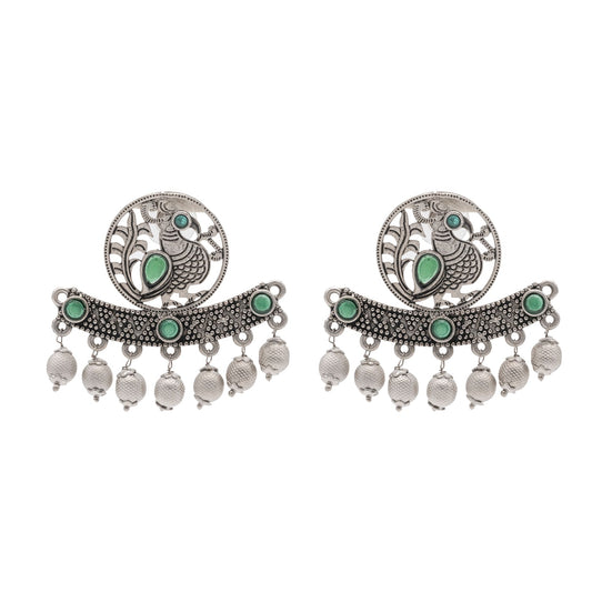 Traditional Indian Antique Silver Oxidised CZ, Drop Earring For Women - Silver Green (SJE_197_S_G)