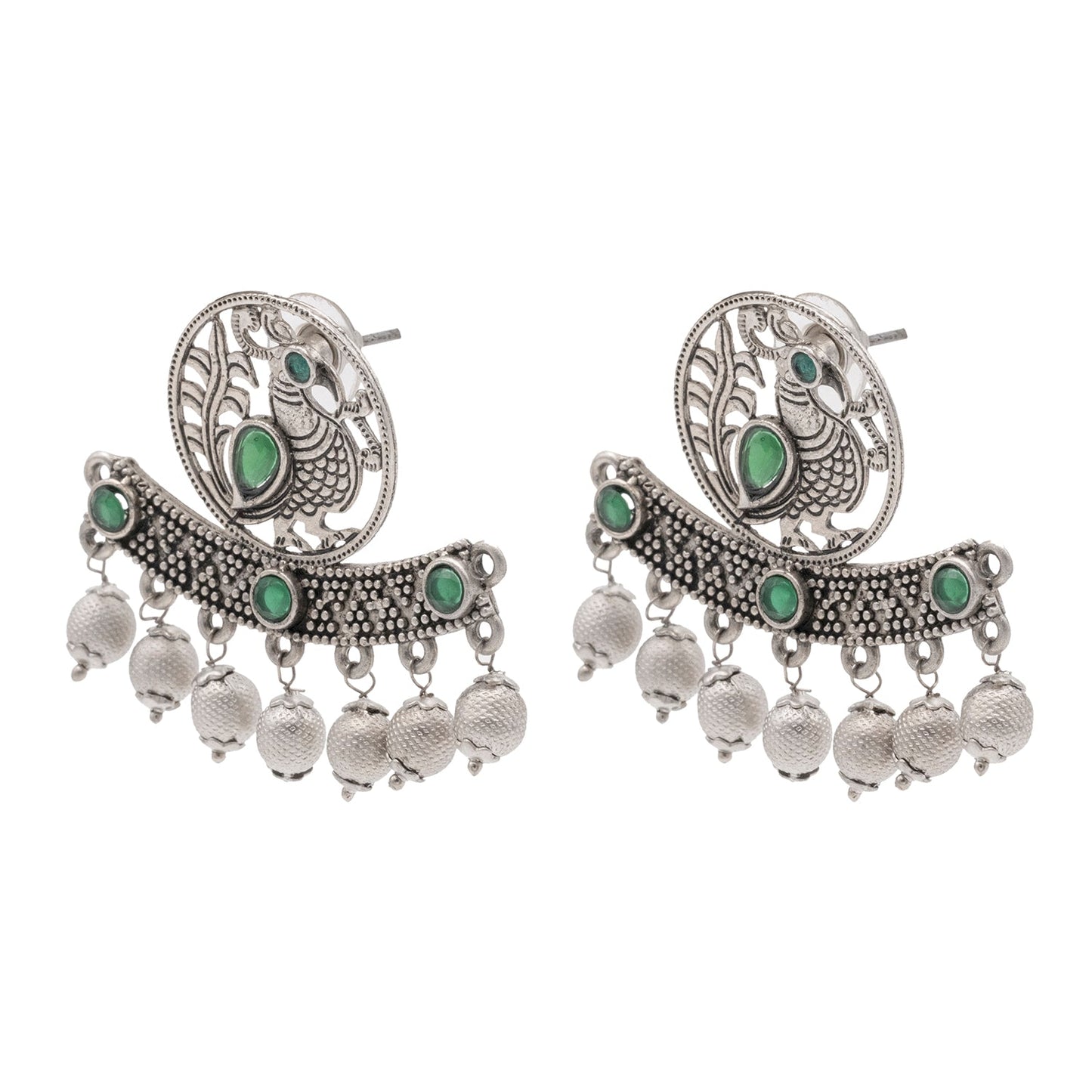 Traditional Indian Antique Silver Oxidised CZ, Drop Earring For Women - Silver Green (SJE_197_S_G)