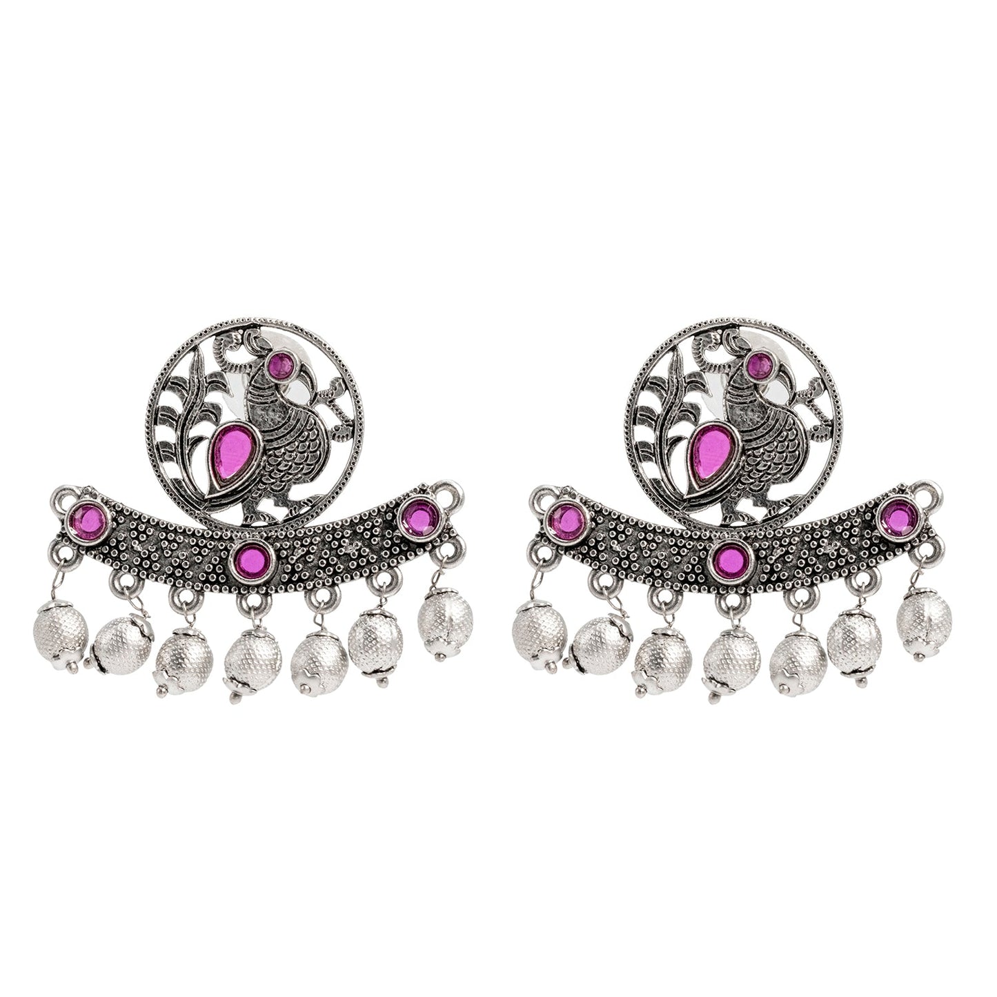 Traditional Indian Antique Silver Oxidised CZ, Drop Earring For Women - Silver Maroon (SJE_197_S_M)