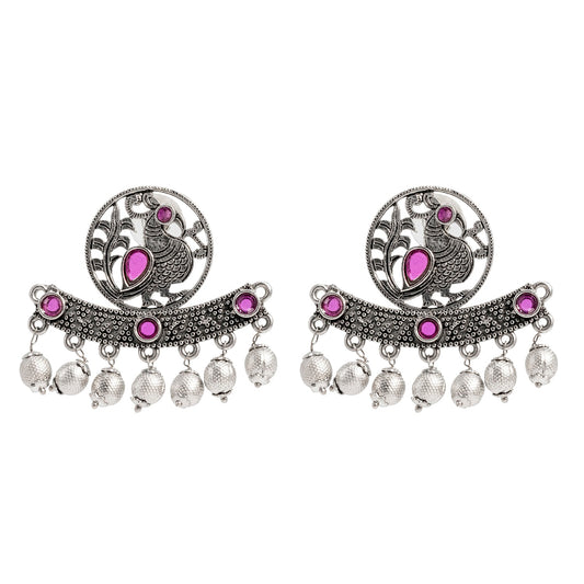 Traditional Indian Antique Silver Oxidised CZ, Drop Earring For Women - Silver Maroon (SJE_197_S_M)