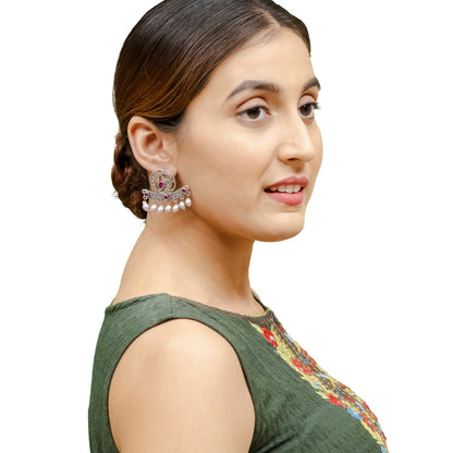 Traditional Indian Antique Silver Oxidised CZ, Drop Earring For Women - Silver Maroon (SJE_197_S_M)