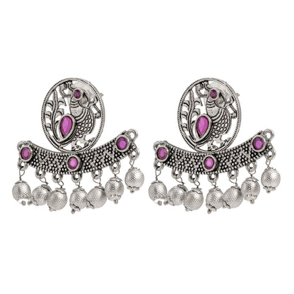 Traditional Indian Antique Silver Oxidised CZ, Drop Earring For Women - Silver Maroon (SJE_197_S_M)