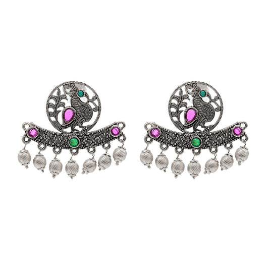 Traditional Indian Antique Silver Oxidised CZ, Drop Earring For Women - Silver Ruby Green (SJE_197_S_R_G)