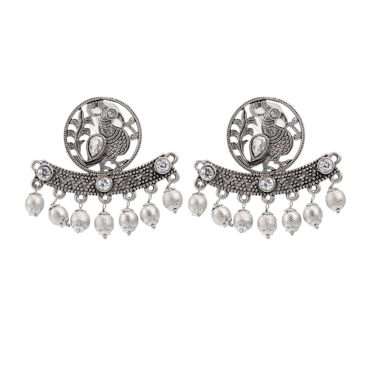 Traditional Indian Antique Silver Oxidised CZ, Drop Earring For Women - Silver White (SJE_197_S_W)