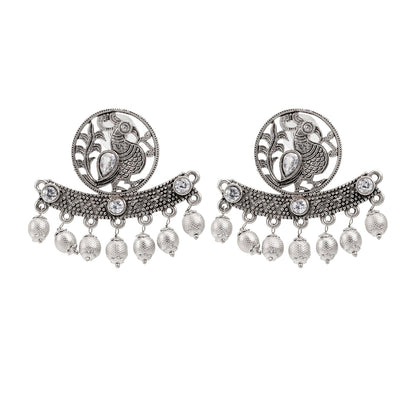 Traditional Indian Antique Silver Oxidised CZ, Drop Earring For Women - Silver White (SJE_197_S_W)