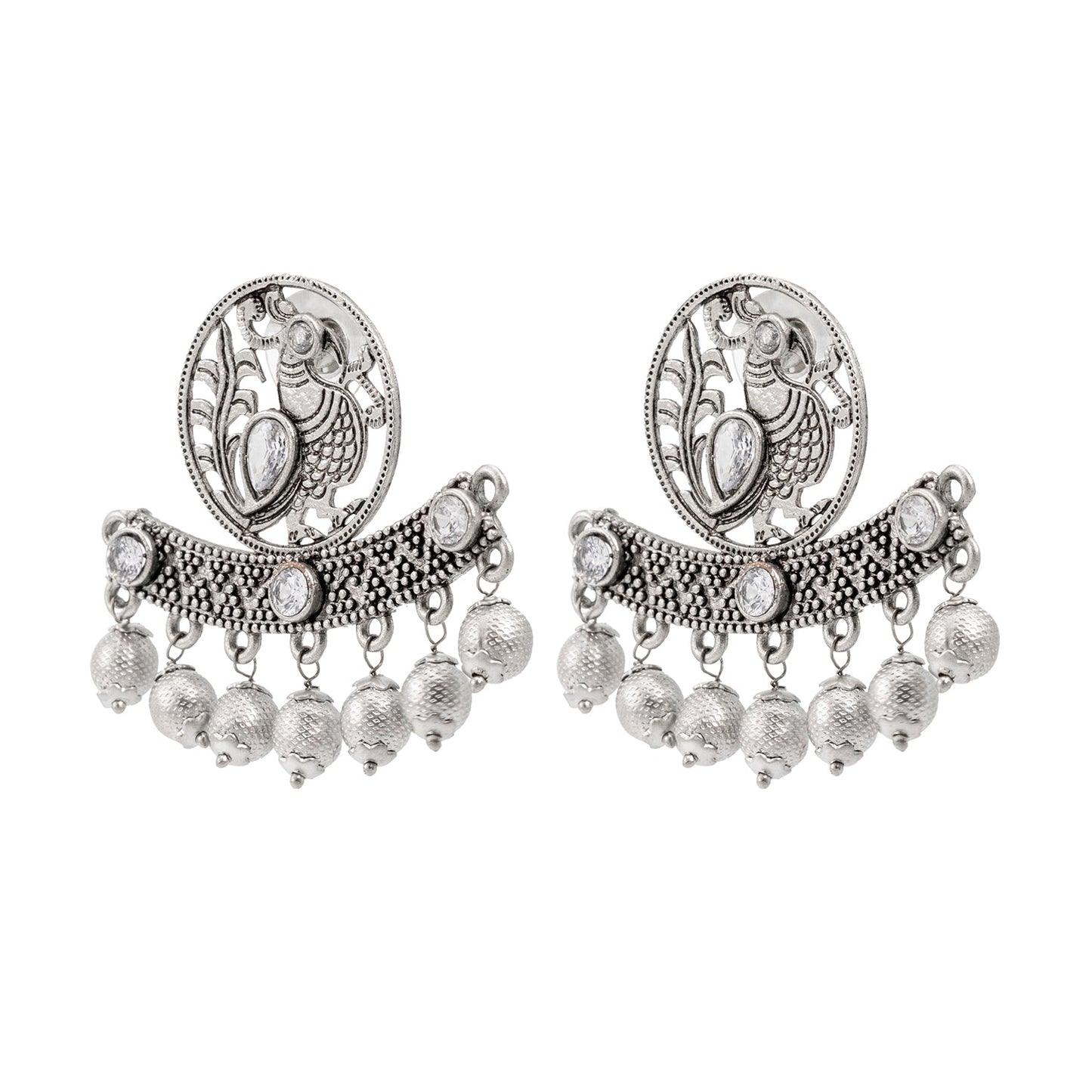 Traditional Indian Antique Silver Oxidised CZ, Drop Earring For Women - Silver White (SJE_197_S_W)