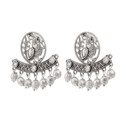 Traditional Indian Antique Silver Oxidised CZ, Drop Earring For Women - Silver White (SJE_197_S_W)