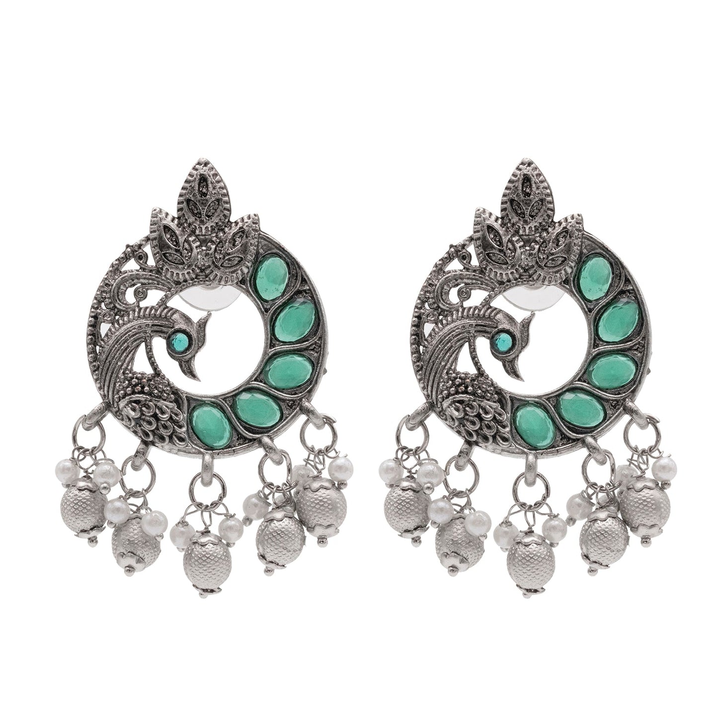 Traditional Indian Antique Silver Oxidised CZ, Crystal Studded Peacock Chand Bali Earring For Women- Silver Green (SJE_198_S_G)