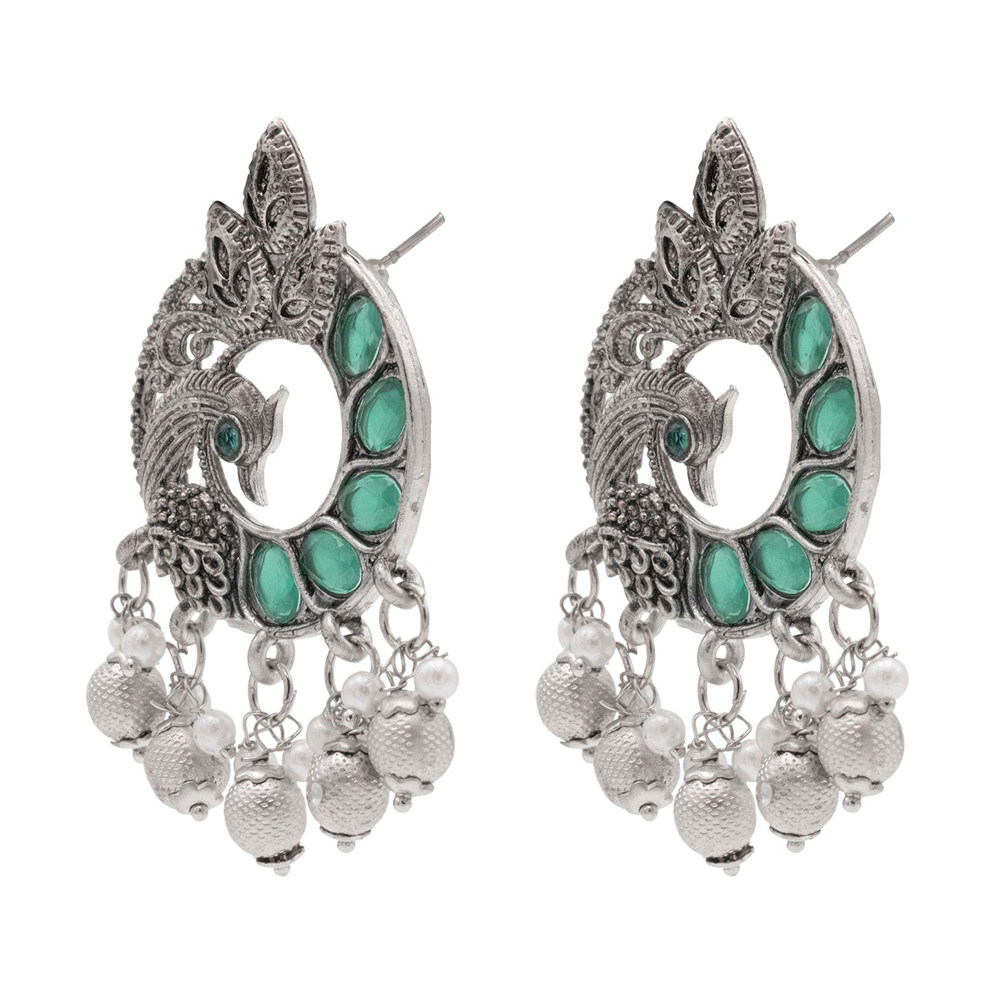 Traditional Indian Antique Silver Oxidised CZ, Crystal Studded Peacock Chand Bali Earring For Women- Silver Green (SJE_198_S_G)