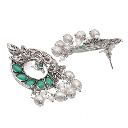 Traditional Indian Antique Silver Oxidised CZ, Crystal Studded Peacock Chand Bali Earring For Women- Silver Green (SJE_198_S_G)