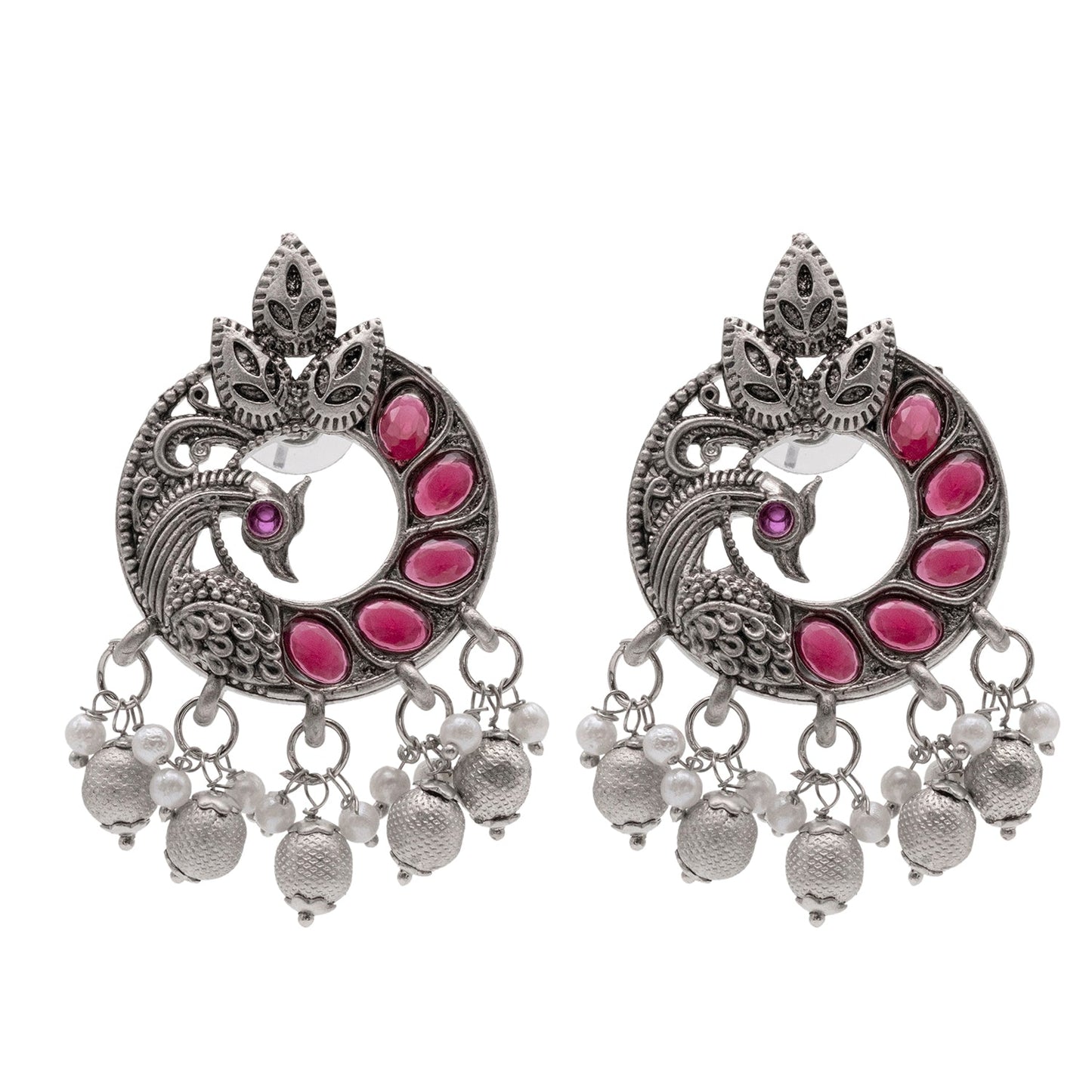 Traditional Indian Antique Silver Oxidised CZ, Crystal Studded Peacock Chand Bali Earring For Women- Silver Maroon (SJE_198_S_M)