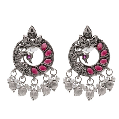 Traditional Indian Antique Silver Oxidised CZ, Crystal Studded Peacock Chand Bali Earring For Women- Silver Maroon (SJE_198_S_M)