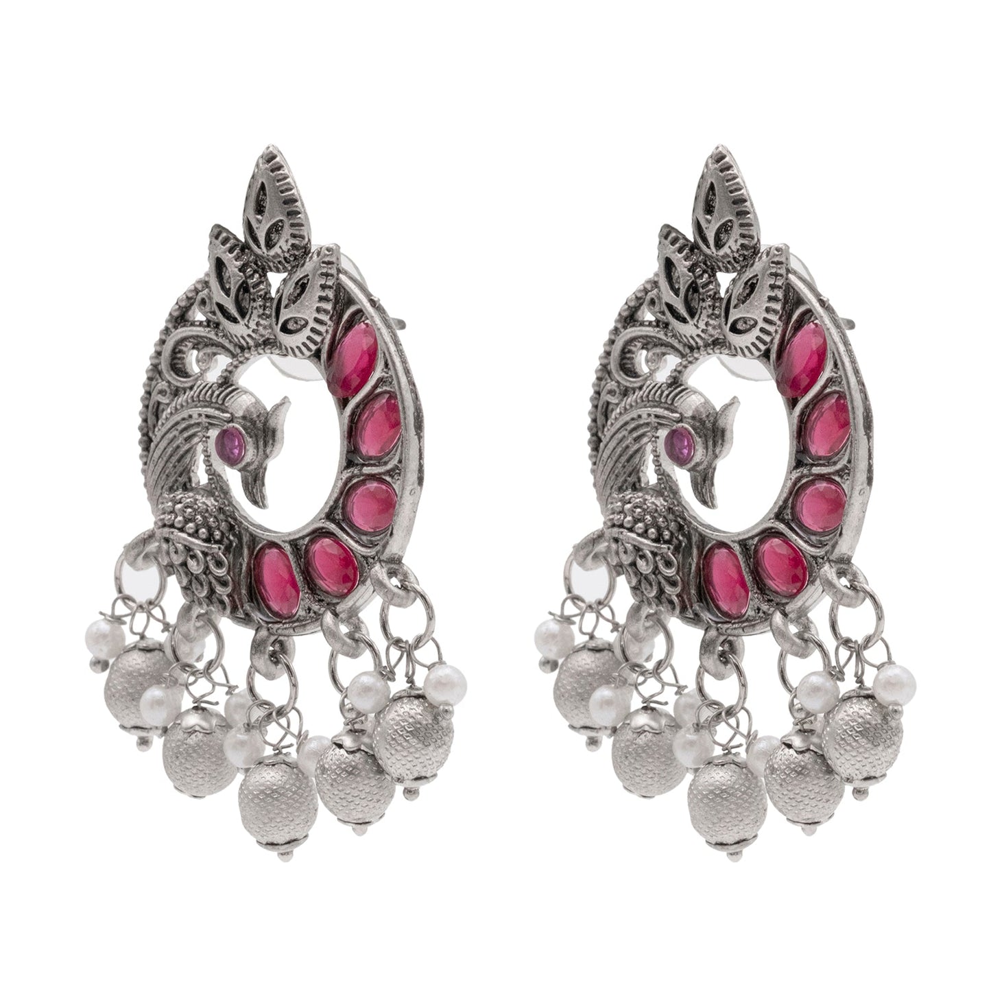 Traditional Indian Antique Silver Oxidised CZ, Crystal Studded Peacock Chand Bali Earring For Women- Silver Maroon (SJE_198_S_M)