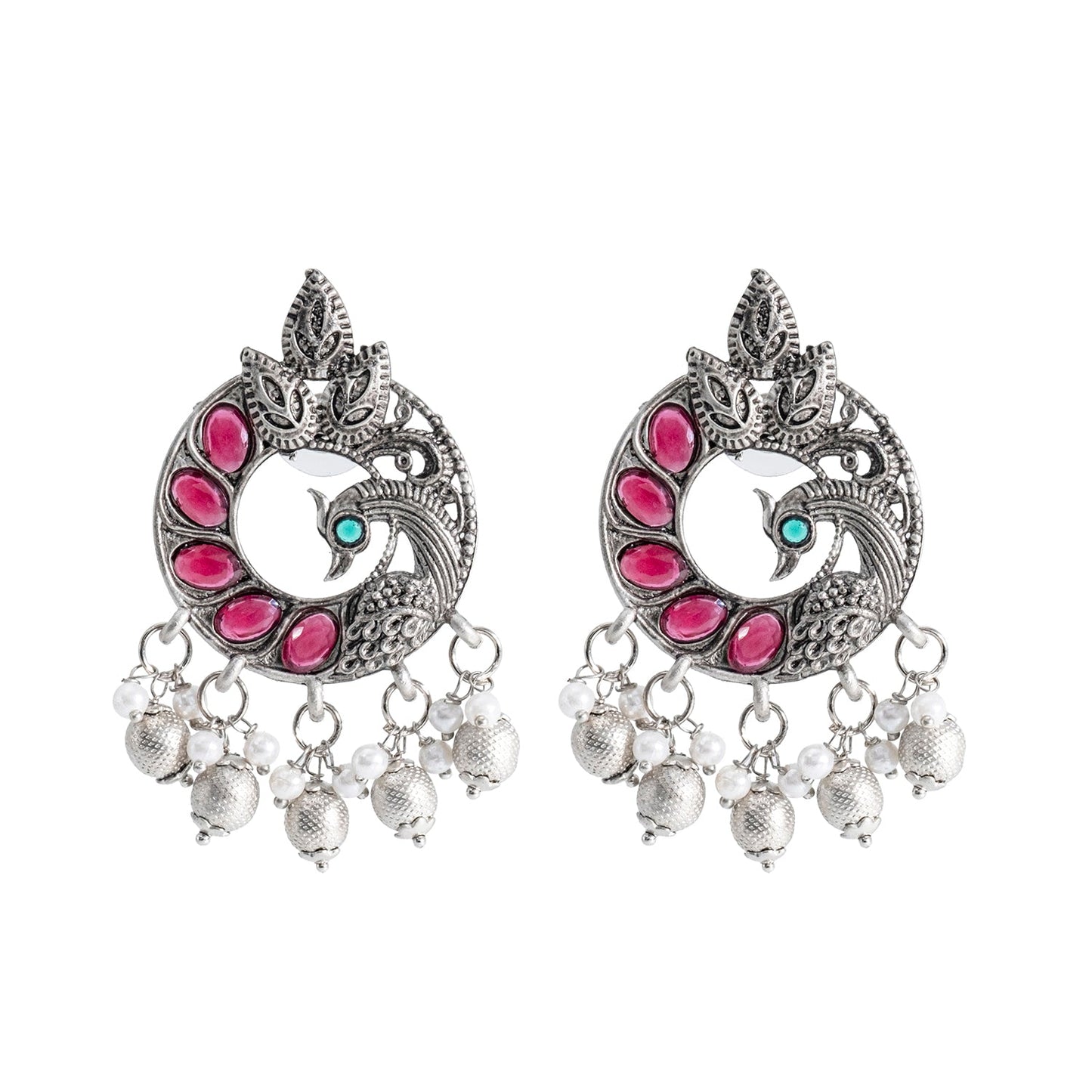 Traditional Indian Antique Silver Oxidised CZ, Crystal Studded Peacock Chand Bali Earring For Women- Silver Ruby Green (SJE_198_S_R_G)