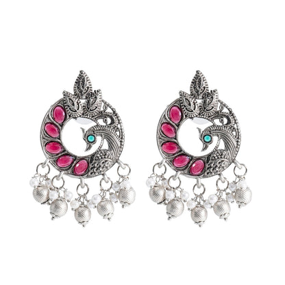 Traditional Indian Antique Silver Oxidised CZ, Crystal Studded Peacock Chand Bali Earring For Women- Silver Ruby Green (SJE_198_S_R_G)