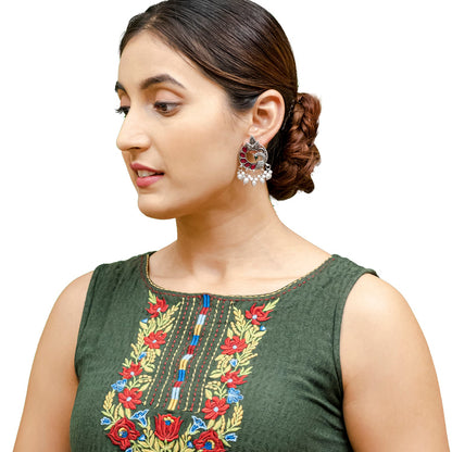 Traditional Indian Antique Silver Oxidised CZ, Crystal Studded Peacock Chand Bali Earring For Women- Silver Ruby Green (SJE_198_S_R_G)