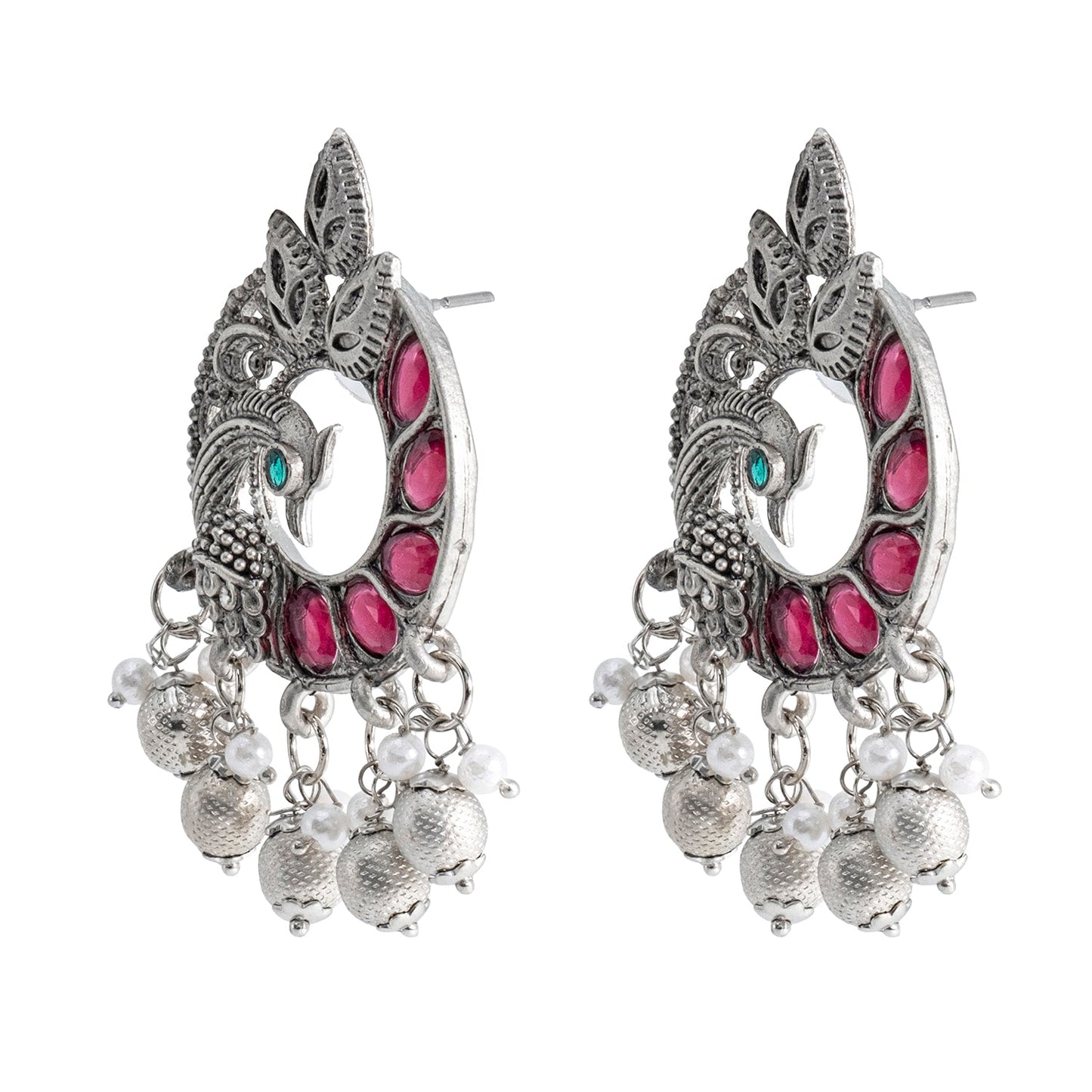 Traditional Indian Antique Silver Oxidised CZ, Crystal Studded Peacock Chand Bali Earring For Women- Silver Ruby Green (SJE_198_S_R_G)