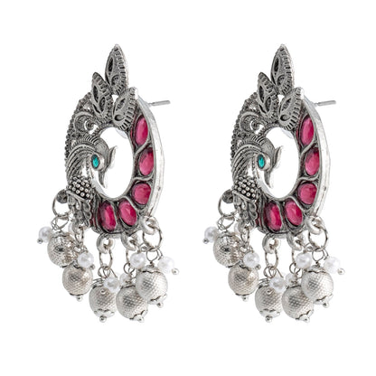 Traditional Indian Antique Silver Oxidised CZ, Crystal Studded Peacock Chand Bali Earring For Women- Silver Ruby Green (SJE_198_S_R_G)