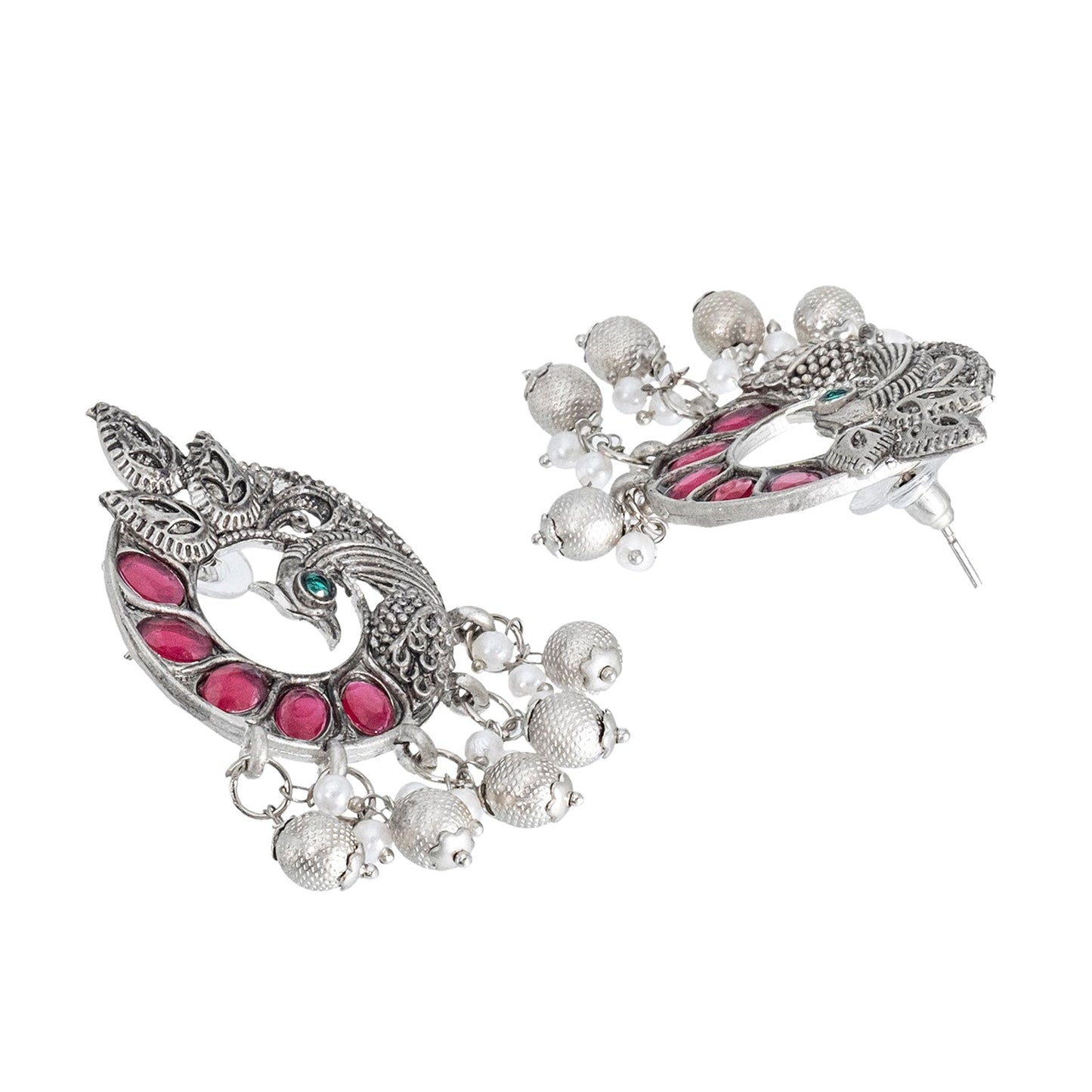 Traditional Indian Antique Silver Oxidised CZ, Crystal Studded Peacock Chand Bali Earring For Women- Silver Ruby Green (SJE_198_S_R_G)