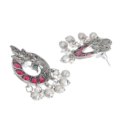 Traditional Indian Antique Silver Oxidised CZ, Crystal Studded Peacock Chand Bali Earring For Women- Silver Ruby Green (SJE_198_S_R_G)