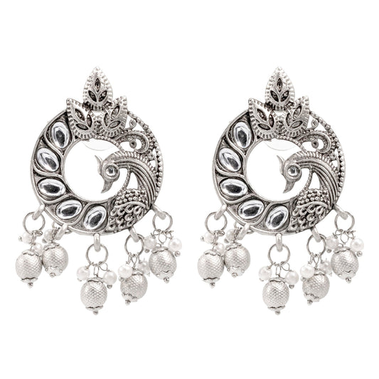 Traditional Indian Antique Silver Oxidised CZ, Crystal Studded Peacock Chand Bali Earring For Women- Silver White(SJE_198_S_W)