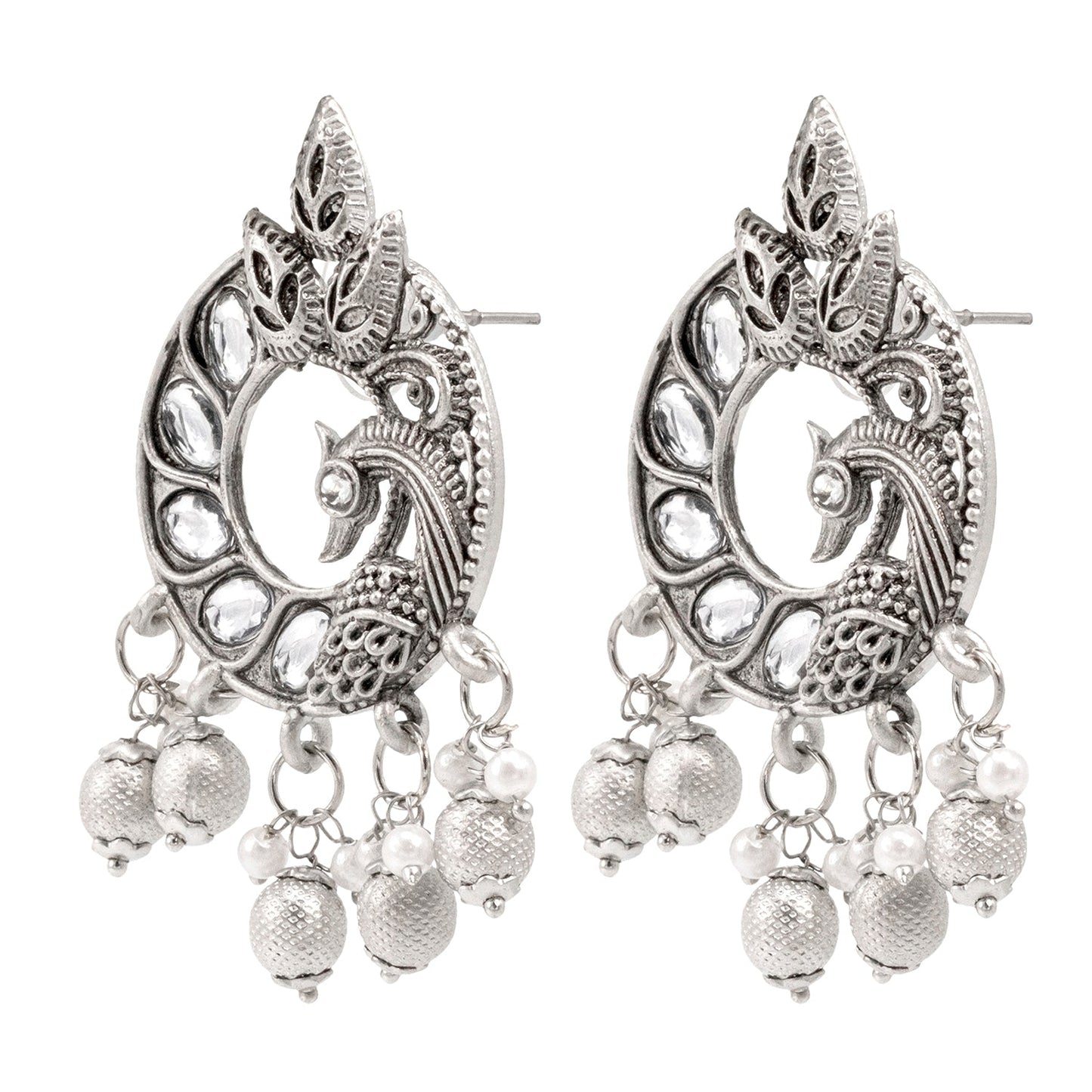 Traditional Indian Antique Silver Oxidised CZ, Crystal Studded Peacock Chand Bali Earring For Women- Silver White(SJE_198_S_W)