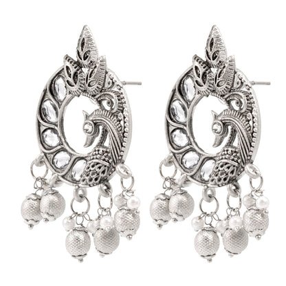 Traditional Indian Antique Silver Oxidised CZ, Crystal Studded Peacock Chand Bali Earring For Women- Silver White(SJE_198_S_W)