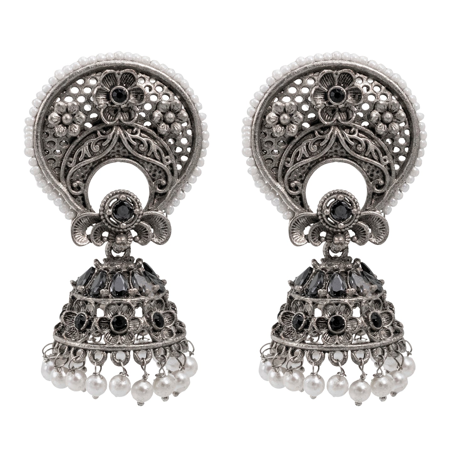 Traditional Indian Matte Silver Oxidised CZ Crystal Studded Chand Bali Jhumka Earring For Women-Silver Maroon (SJE_201_S_M)